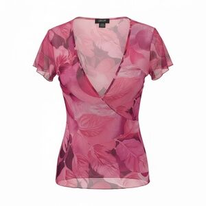 Vtg Lou Lou Pink floral mesh top with V-neck and short sleeves Size L